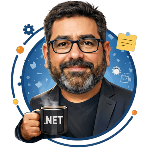 Carlos Seidl, ilustrado, com uma caneca do .NET