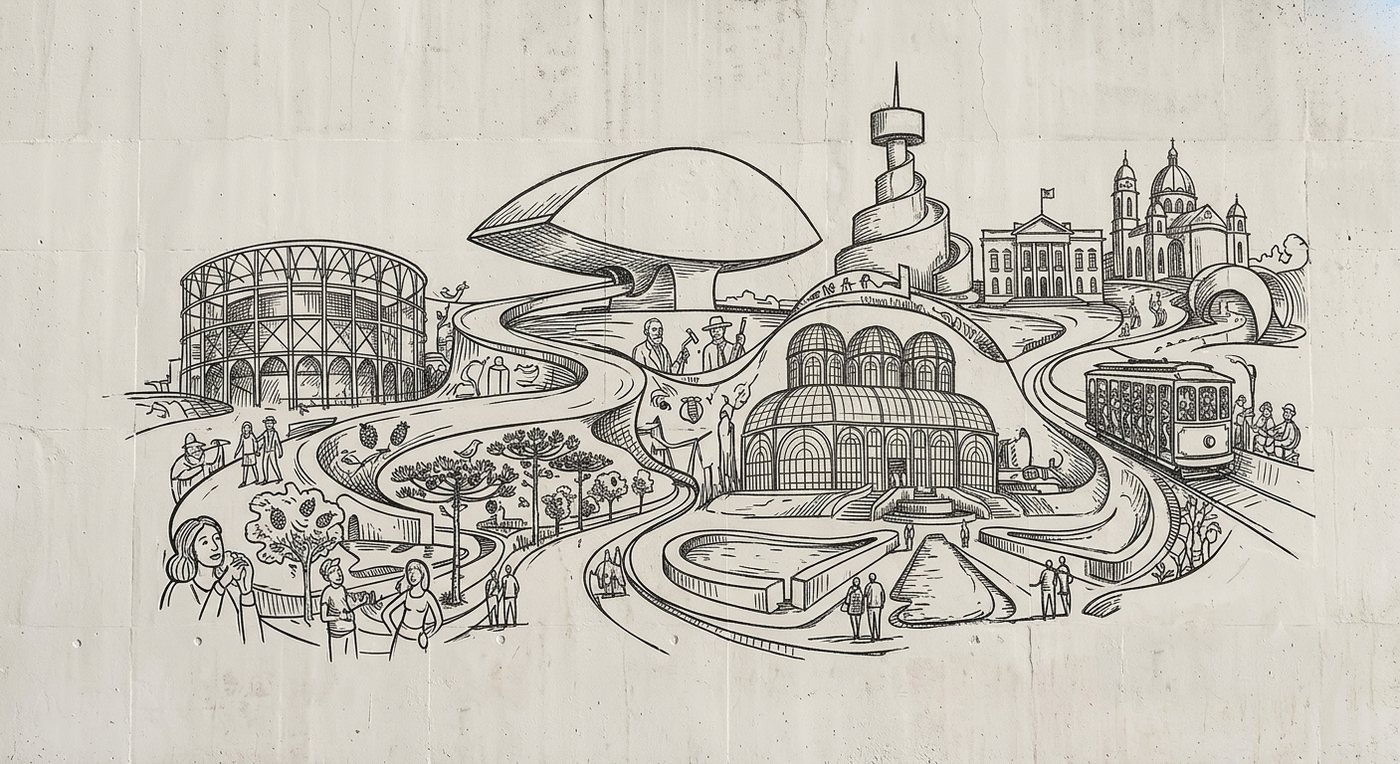 Desenho em nanquim dos marcos de Curitiba: Ópera de Arame, Museu Oscar Niemeyer, Torre Panorâmica, Jardim Botânico e o bonde da Rua XV